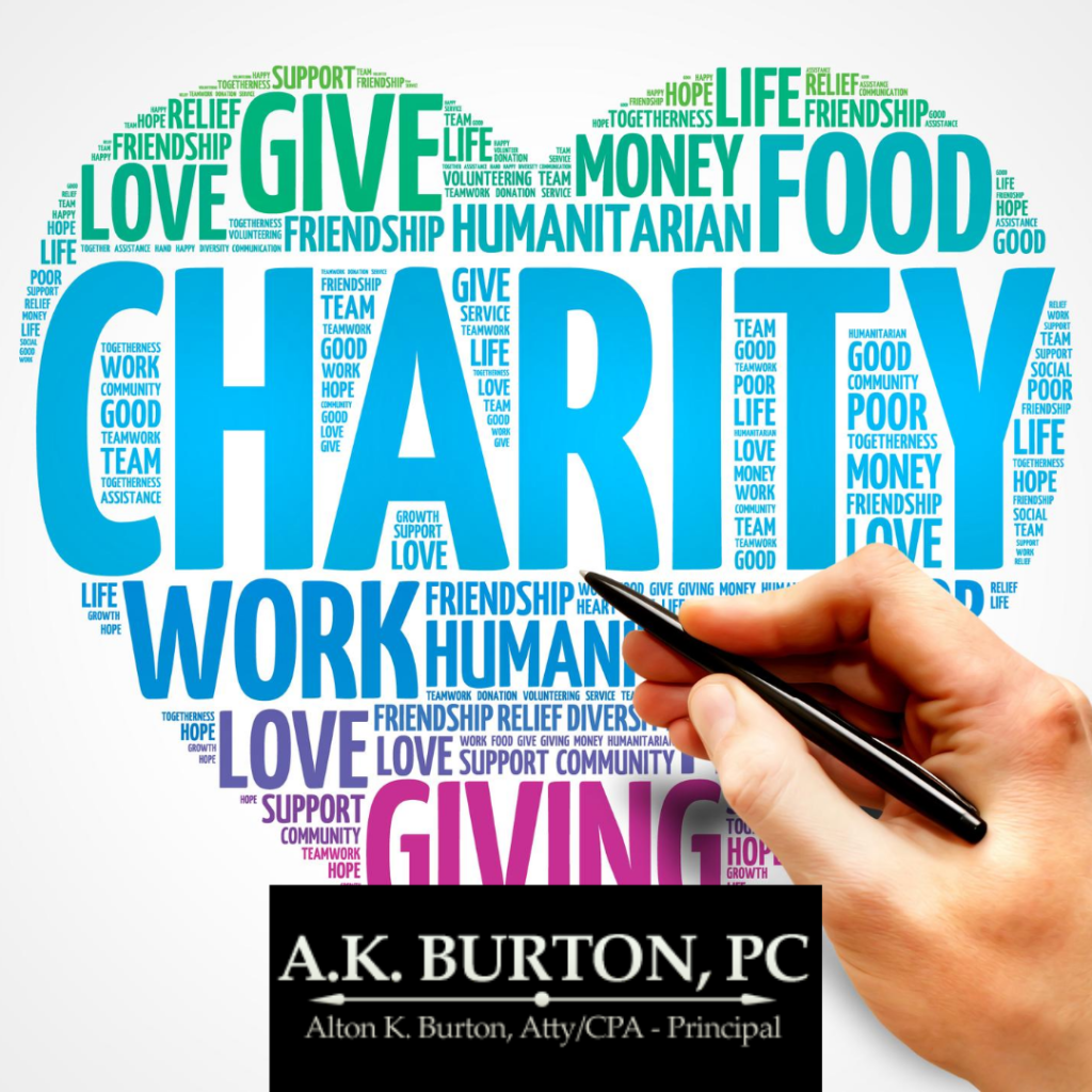 A hand holding a pen in front of a heart illustration filled with words including "charity," "work," "giving," and "life." The AK Burton, PC logo is centered at the bottom.
